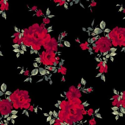 Black Red Large Floral Prints on Velvet Burn Out Rib Fabric by the