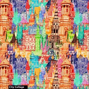 City Collage Illustration 100% Cotton Quilting Fabric by the Yard