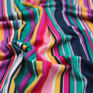 Navy Pink Variegated Stripes Pattern Printed Rayon Spandex Jersey Knit Fabric by the Yard