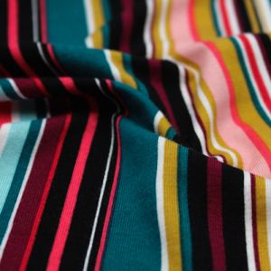 Teal Coral Variegated Stripes Pattern Printed Rayon Spandex Jersey Knit Fabric by the Yard