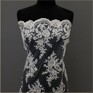 White Bridal Amy Floral Embroidery Scalloped Edge with Sequins on A Mesh Wedding Lace Fabric