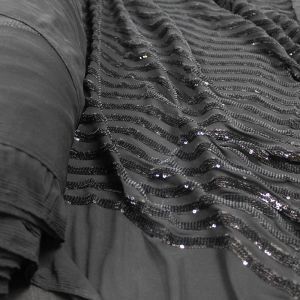 Black Wave Curve Sequin on Black Mesh Fabric