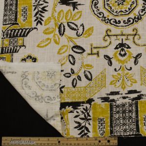 Cream Black and Yellow Chinese Temple Pattern Print on Cotton Canvas Fabric