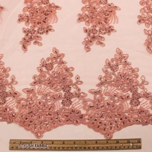DK Peach 51''  Adrianna Embroidered Flower with Sequins Scalloped Edge Lace Fabric