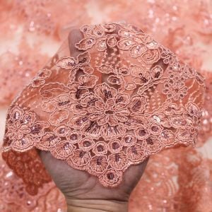 DK Peach 51''  Adrianna Embroidered Flower with Sequins Scalloped Edge Lace Fabric