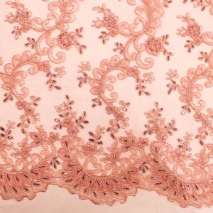 Dark Peach 51" Czarina Embroidered Flower with Sequins Scalloped Edge on a Mesh Lace Fabric
