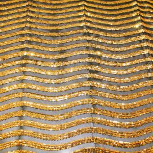 Gold Wave Curve Sequin on Black Mesh Fabric