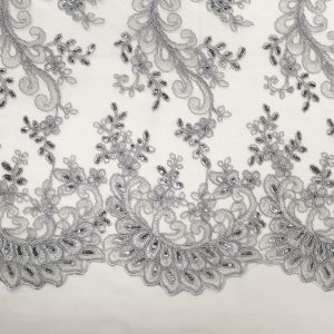Gray 51  Czarina Flower with Sequins Scalloped Edge on Mesh Bridal Wedding Lace Fabric