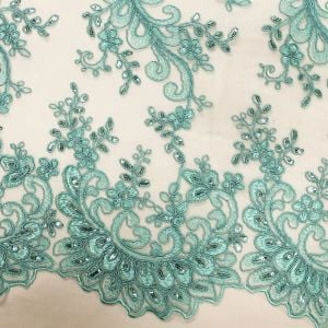 Mint 51" Czarina Embroidered Flower with Sequins Scalloped Edge on a Mesh Lace Fabric