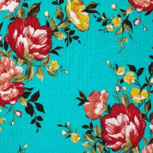 Mint Red Floral Painterly Pattern Print on Poly Spandex Fabric 