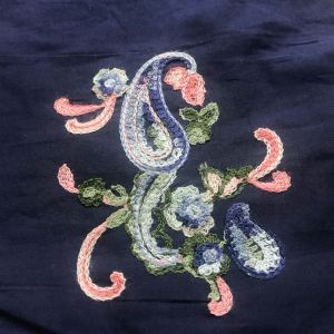 Navy Denim Hand Embroidery Paisley Pattern on Cotton Voile Fabric by the Yard