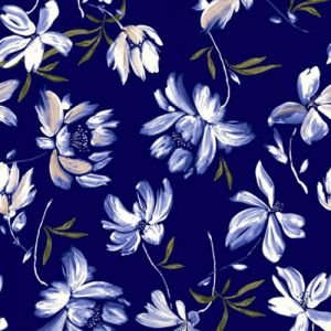 Denim Blue Large Floral Painterly Design Printed on Jersey Knit Fabric