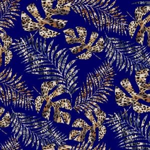 Navy Denim Leaf with Animal Printed on Rayon Spandex Jersey Knit Fabric 