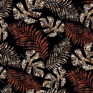 Black Spicy Orange Leaf Animal Pattern Printed Rayon Jersey Knit Fabric 