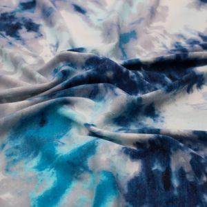 Navy Aqua Tie Dye Ombre Pattern Printed Poly Rayon Jersey Knit Fabric