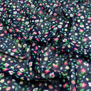 Navy Fuchsia Ditsy Floral Pattern Printed Poly Power Mesh Fabric by the Yard