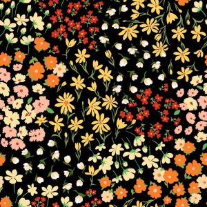 Black Red Ditsy Floral Pattern  Rayon Challis Sand Wash Fabric 