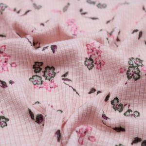 Blush Pine Ditsy Floral Pattern Printed Poly Cotton 4X2 Rib Knit Fabric by the Yard