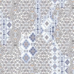 Blue Grey Ethnic Pattern Printed on Rayon Crepon Fabric 