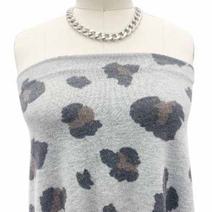 Warm Heather Gray Mocha Leopard Pattern Printed Stretch Jersey with Merino-like Wool Hacci Brush