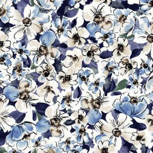 Navy Chambray Floral Pattern Printed on Slub  2x1 Rib Knit Fabric