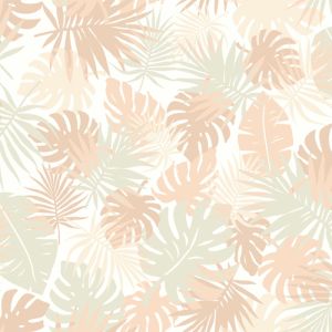 Off White Apricot Tropical Leaf Printed Poly Moroccan Fabric 