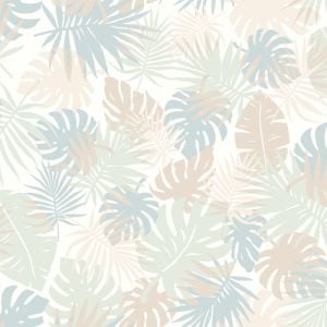 Off White with Aqua Blue Tropical Leaf Printed Poly Moroccan Fabric 