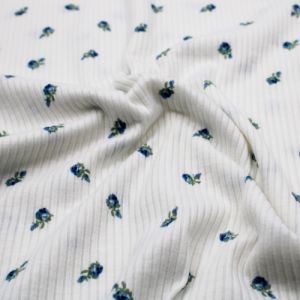 Off White with Blue Ditsy Floral Pattern Printed 4x2 Rib Knit Poly Spandex Fabric by the Yard