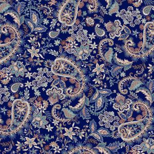Navy Turquoise Paisley Pattern Printed Poly Moroccan Fabric by the Yard