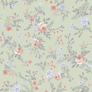 Seafoam with Mellow Rose Small Floral Printed Wool Dobby Hi Multi Chiffon Fabric