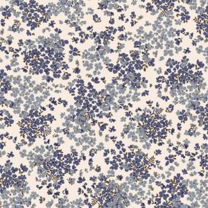 Ecru Blue Ditsy Floral Pattern Printed on Stretch Satin Fabric 