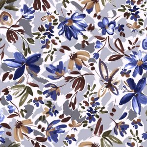 Dusty Blue with Denim Medium Flowers Design Printed on French Terry Fabric