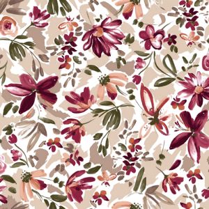 Taupe Raspberry Medium Flowers Design Printed French Terry Fabric