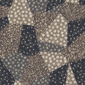 Navy Mocha Floral Patchwork Pattern Printed Rayon Crepon Fabric by the Yard