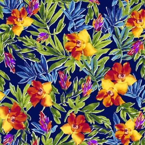 Navy Yellow Floral Pattern Printed on Power Mesh fabric by the Yard