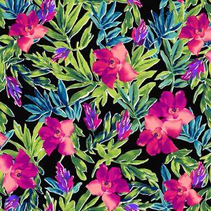 Black Coral Floral Tropical Pattern Printed Wool Dobby Hi Multi Chiffon Fabric