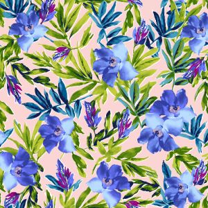 Blush Blue Floral Tropical Pattern Printed Wool Dobby Hi Multi Chiffon Fabric
