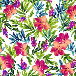 Off White Nectarine Floral Tropical Design Printed on Scuba Crepe Fabric by the Yard