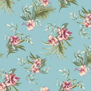 Mint Peach Floral Tropical Printed Poly Moroccan Fabric by the Yard