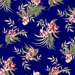 Navy with Hot Coral Floral Tropical Printed Poly Moroccan Fabric by the Yard