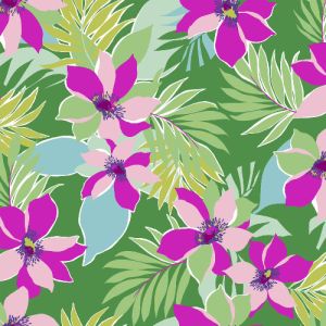 Kelly Green Pink Large Flowers Design Printed Venezia Fabric by the Yard