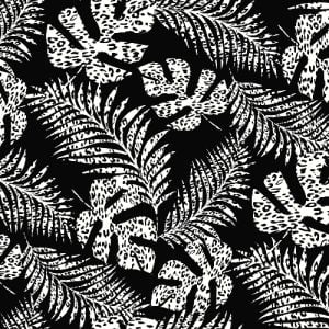Black Off White Leaf Pattern Printed Poly Moroccan Fabric by the Yard