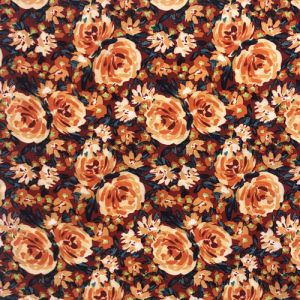 Navy Tangerine Floral Pattern Printed on Poly Moroccan Fabric by the Yard