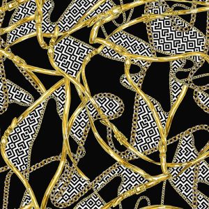 Black Gold Conversational Pattern Printed on Power Mesh fabric by the Yard