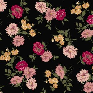 Black Red Medium Flowers Pattern Printed on ITY Stretch Jersey Knit Fabric Twist Yarns ITY