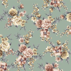 Mineral Green with Cinnamon Medium Floral Printed on Stretch Satin Fabric 