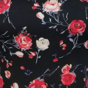 Black Red Painterly Floral Pattern Printed on Wool Dobby Fabric