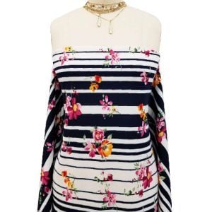 Navy Pink Floral with Stripes Pattern Printed Scuba Crepe Techno Knit Fabric by the Yard