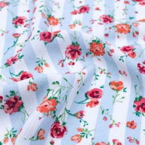 Sky Coral Floral with Vertical Stripes Prints on Crepe Chiffon Fabric