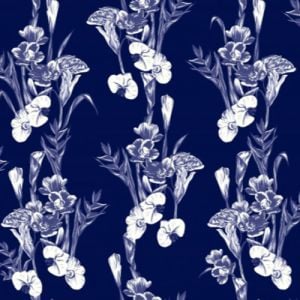 Denim Blue Large Floral Pattern Printed Poly Rayon Jersey Knit Fabric